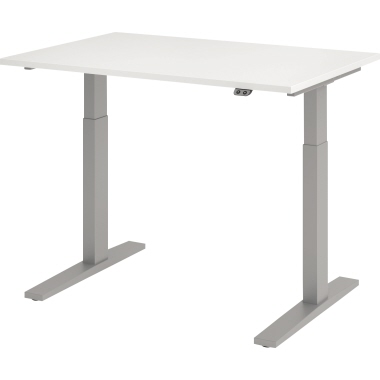 Hammerbacher Schreibtisch 1.200 x 700-1.200 x 800 mm (B x H x T) weiß silber Produktbild
