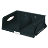 Schwarze Briefablage mit herausnehmbarer Frontklappe und zweifacher Unterteilung für A4-Formate.