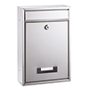 Silberner Briefkasten mit Einwurfklappe und Schloss, rechteckige Form, an der Wand montierbar.