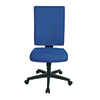 Blauer Bürodrehstuhl mit ergonomischer Rückenlehne und Sitz, auf Rollen, frontal abgebildet.