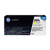 HP Toner 307A gelb in Verpackung, Produktabbildung mit Markenlogo und Farbinformationen.
