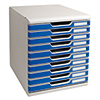 Lichtgraue Schubladenbox mit zehn blauen Schubladen für DIN A4+ Dokumente.
