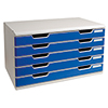 Exacompta Schubladenbox MODULO Office mit fünf blauen Schubladen und lichtgrauem Gehäuse.