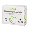 Weiße Verpackung mit grüner Schrift für 8 Maschinenpfleger-Tabs zur Reinigung von Spülmaschinen.
