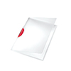 Transparente Klemmmappe mit rotem Clip, ganz aufklappbar für ungelochtes Schriftgut.