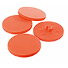 Vier orange Lochscheiben mit geriffeltem Rand und mittiger Befestigung.