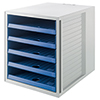 Schubladenbox mit fünf blauen Fächern in öko-grauem Gehäuse, geeignet für Ordner.