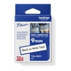 Schriftbandkassette von Brother im Format 9mm, schwarz auf weiß, in Originalverpackung.