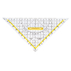 Geometriedreieck mit gelben Markierungen und Skalen auf klarer, rutschfester Oberfläche.