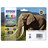 Epson Tintenpatrone im Multipack mit sechs Farbtuben auf blauen Hintergrund und Elefantenmotiven.