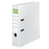 Weißer Kunststoffordner im DIN A4 Format mit 80 mm Rückenbreite und beschriftbarem Rücken.