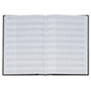 Offenes Geschäftsbuch mit karierten Seiten und leerem Layout, Ansicht von oben.