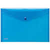 Blaue, transparente Sammelhülle im DIN A4-Format mit Druckknopfverschluss, Vorderansicht.