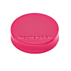 Runder, pinkfarbener Magnet mit ergonomischem Griffrand und logoprägung.
