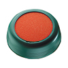 Runder Markenanfeuchter mit roter Oberfläche und grünem Rand.