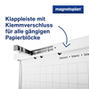 Flipchart mit Klappleiste und Klemmsystem für handelsübliche Papierblöcke.