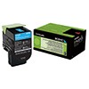 Tonerpatrone in Cyan mit Verpackung, für Lexmark Drucker, Produktansicht.