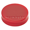 Roter Magnet mit ergonomischem Griffrand und dem Schriftzug "magnetoplan" auf der Oberfläche.