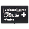 Schwarzer Verbandkasten mit Fahrzeug-Symbolen und rotem Kreuz auf der Vorderseite.