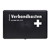 Schwarzer Verbandkasten mit weißem Aufdruck "Verbandkasten" und rotem Kreuz.