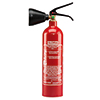 Handfeuerlöscher in roter Farbe mit schwarzem Auslöser und Gebrauchsanweisung auf dem Körper.