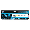 HP Tintenpatrone 980 in Gelb mit blauem Schmetterlingsdesign auf der Verpackung.