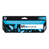 HP Tintenpatrone 971 in cyan, verpackt mit Schmetterlings-Design auf dem Karton.