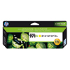 Gelbe HP Tintenpatrone 971XL in Verpackung mit Schmetterlingsmotiv auf einer grünen Unterlage.