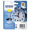 Gelbe Tintenpatrone 27 von Epson in Verpackung mit abgebildeter Uhr und Produktinformationen.