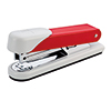 Heftgerät in rot und weiß mit glänzender Oberfläche und sichtbarem Hebelmechanismus.