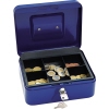 Blaue Geldkassette mit eingelegten Geldstücken und verschließbarem Schloss, Deckel offen.