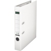 Weißer Kunststoffordner im DIN A4 Format mit zwei Hebelmechaniken und Sichtfenster.