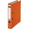 Oranger Kunststoffordner in DIN A4 mit zwei Hebelmechaniken und seitlichem Einschub.