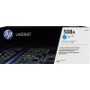 HP Toner 508A in cyan mit Verpackung und Produktbezeichnung auf dunklem Hintergrund.