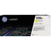 HP Toner 508A in gelber Verpackung mit Produktbezeichnung und Logo.