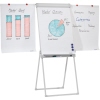 Flipchart-Tafel mit Grafikblöcken und Diagrammen auf einem stabilen Standfuß.