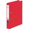 Roter Ordner aus Kunststoff im DIN A4 Format mit Wechselfenster und Leinenprägung.