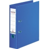 Blauer Kunststoffordner mit Wechselfenster und Leinenprägung, DIN A4, 80 mm breit.