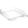Transparente Briefablage mit leicht angeschrägter Vorderfront, ideal für Bürodokumente.