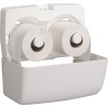 Weißer Doppel-Toilettenpapierspender mit Hochglanzoberfläche und offenem Fächersystem.