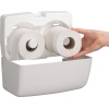 Weißer Doppel-Toilettenpapierspender mit zwei Rollen und handlicher Nachfüllöffnung.