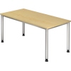 Hammerbacher Schreibtisch mit ahornfarbener Tischplatte und silbernen Metallsäulen.