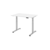 Höhenverstellbarer Schreibtisch in Weiß mit elektrischen Motoren und zwei Tischbeinen.