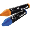 Zwei runde Wachsmalstifte in orange und blau mit schwarzem Körper und Markenlogo.