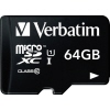 microSDXC Speicherkarte mit 64 Gbyte Speicherplatz und Verbatim-Logo auf schwarzem Hintergrund.