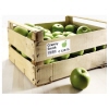 Holzkiste mit grünen Äpfeln und einem Etikett mit Produktbezeichnung und Preis.
