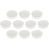 Zehn weiße runde Magnete mit beschichteter Unterseite auf einem weißen Hintergrund.