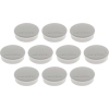 Zehn graue Disko-Magnete mit beschichteter Unterseite auf weißem Hintergrund.