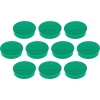 Zehn grüne, runde Magnete liegen nebeneinander auf einer flachen Oberfläche.