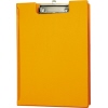 orange Klemmbrettmappe mit flacher Bügelklemme und Innentasche zur Aufbewahrung von Blättern.